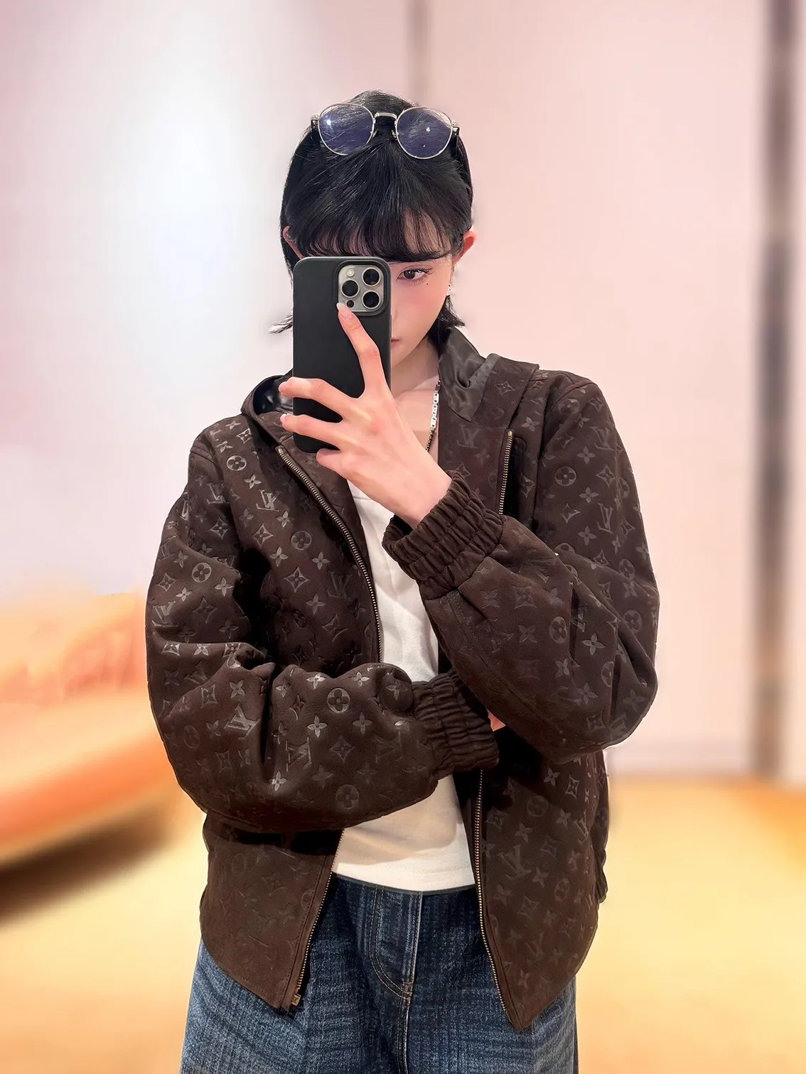 Louis Vuitton/embossed suede leather hooded jacket